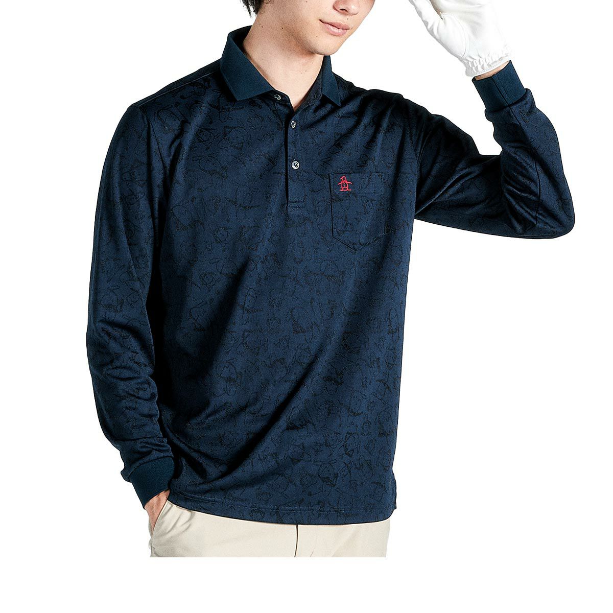 マンシングウェア Munsingwear　メンズ ペンギンジャカード 総柄 長袖 ポロシャツ MG4FLS80M　2024年モデル ネイビー（NV00）