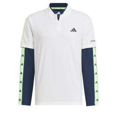 アディダス adidas　メンズ ロゴプリント ストレッチ 半袖 ハーフジップシャツ & ロゴライン 長袖 モックネックシャツ IKK78　2024年モデル ホワイト/カレッジネイビー