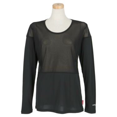 マリクレール marie claire　レディース ロゴプリント メッシュ切替 ストレッチ 長袖 Uネック インナーシャツ 713-9825 ブラック（BK）