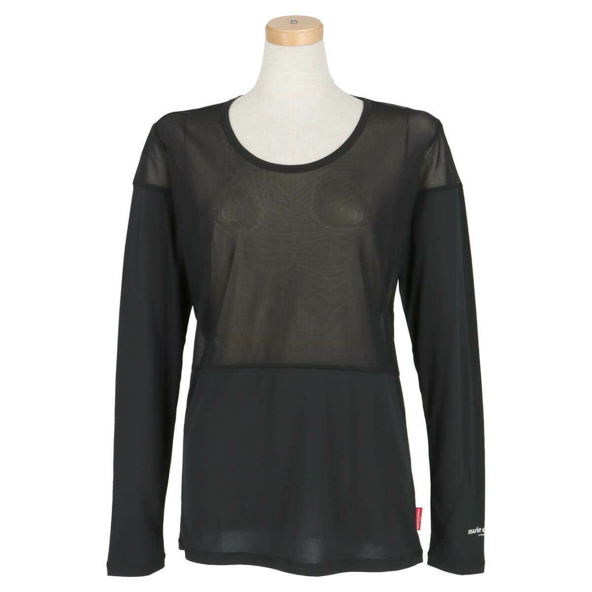 マリクレール marie claire　レディース ロゴプリント メッシュ切替 ストレッチ 長袖 Uネック インナーシャツ 713-9825 ブラック（BK）