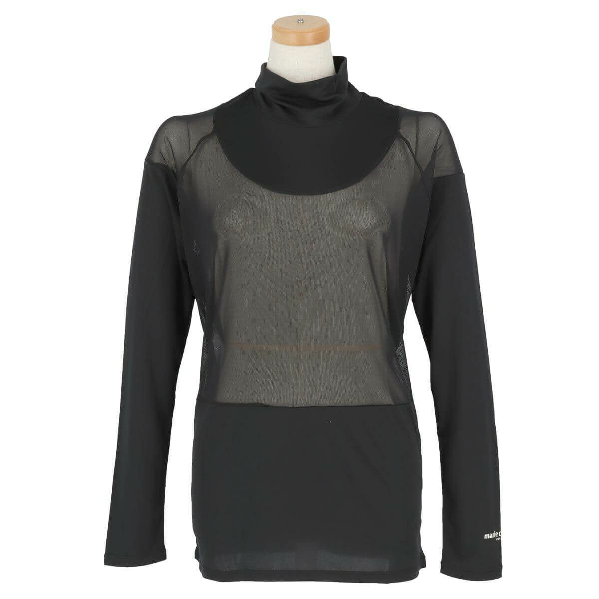 マリクレール marie claire　レディース ロゴプリント メッシュ切替 ストレッチ 長袖 ハイネック インナーシャツ 713-9835 ブラック（BK）