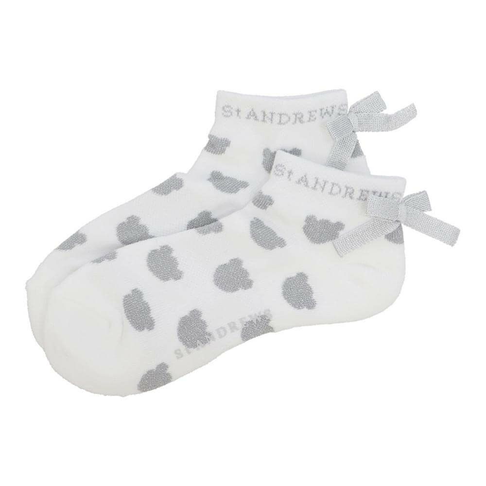 セントアンドリュース St ANDREWS　レディース ベアシルエット柄 リボン付き アンクルソックス 042-5186252 030 ホワイト　2025年モデル ホワイト