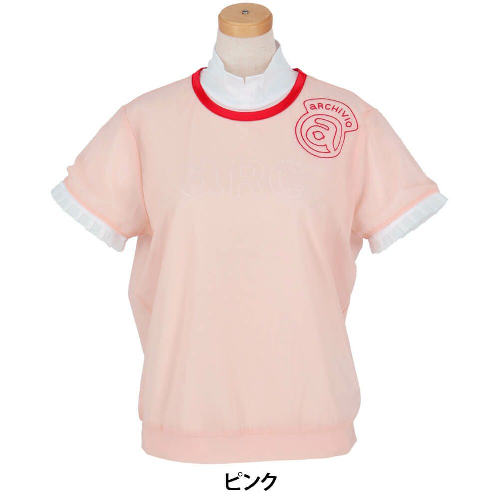 アルチビオ archivio　レディース ロゴデザイン シアー & フリル 半袖 プルオーバー ツインセット A459408　2025年モデル ピンク