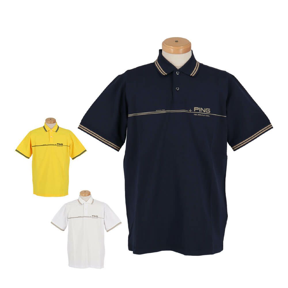 ピン PING　メンズ ラインデザイン ロゴプリント 二重織 半袖 ポロシャツ 621-5160301　2025年モデル 詳細1