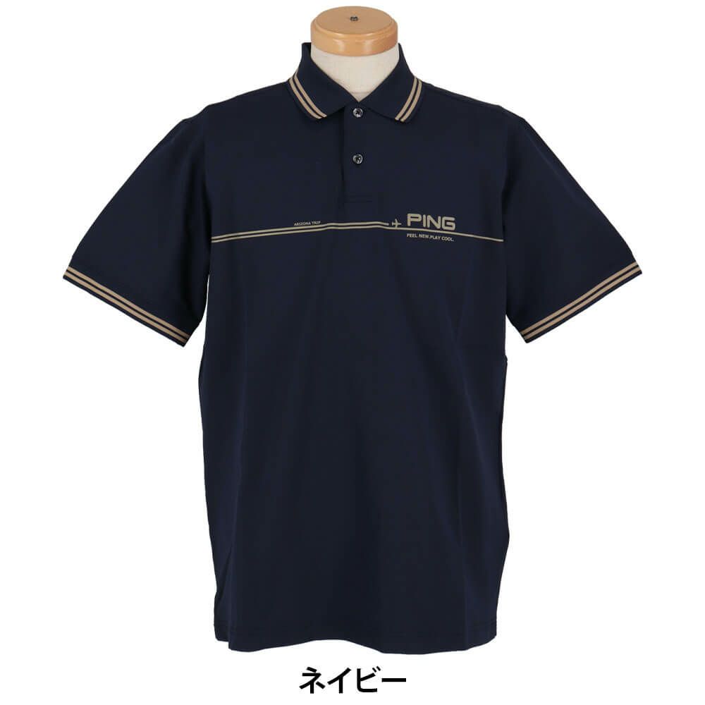 ピン PING　メンズ ラインデザイン ロゴプリント 二重織 半袖 ポロシャツ 621-5160301　2025年モデル 詳細1