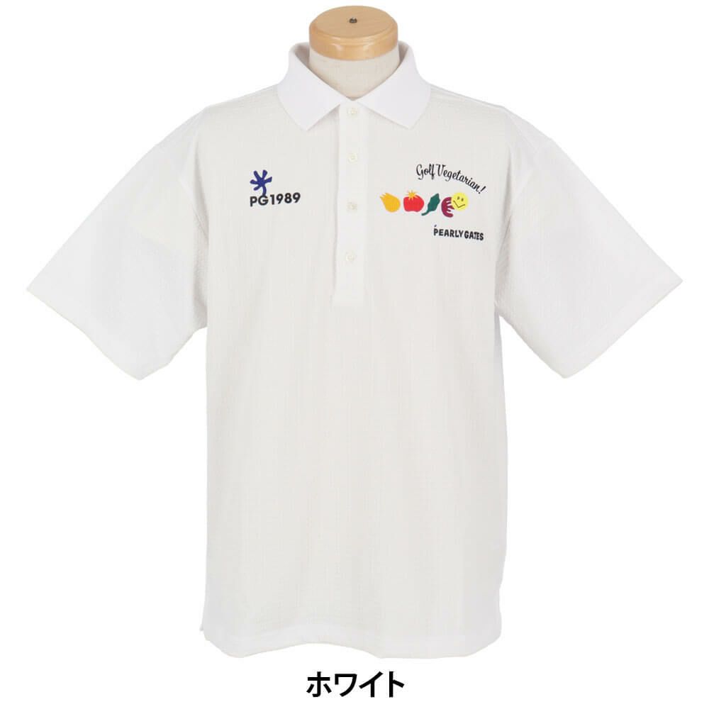 パーリーゲイツ PEARLY GATES　メンズ ロゴプリント Pe格子サッカー 半袖 ポロシャツ 053-5260617　2025年モデル ホワイト