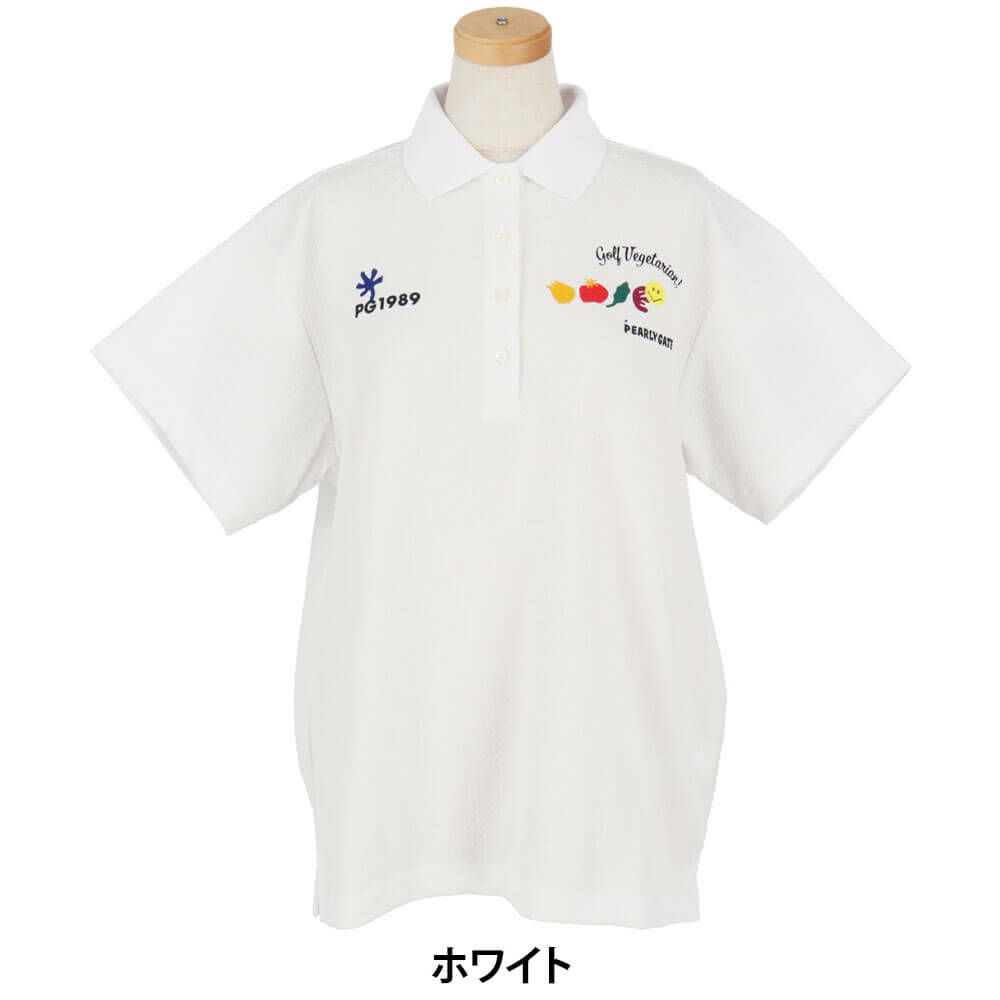 パーリーゲイツ PEARLY GATES　レディース ロゴプリント Pe格子サッカー 半袖 ポロシャツ 055-5260618　2025年モデル ホワイト