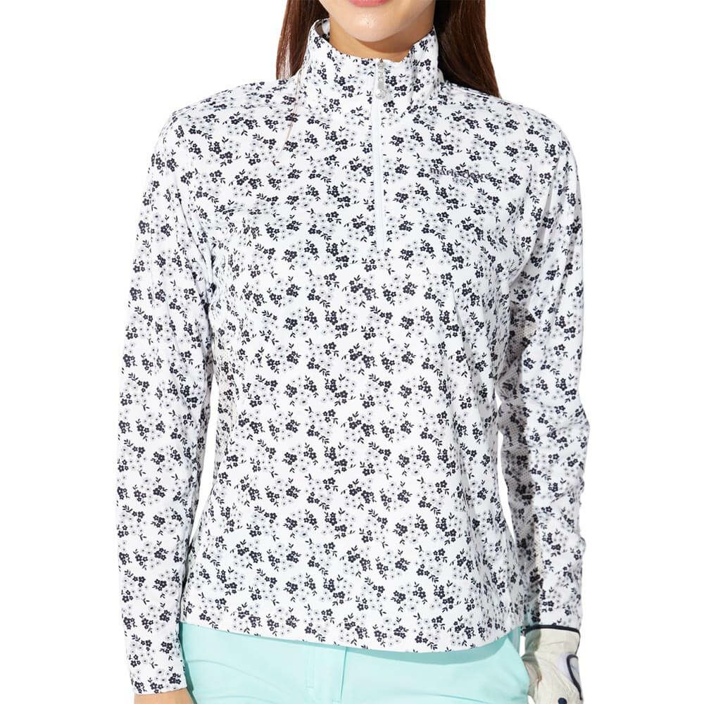 マリクレール marie claire　レディース 小花柄 メッシュ切替 長袖 ハーフジップシャツ 715-555 ブラック　2025年モデル ブラック