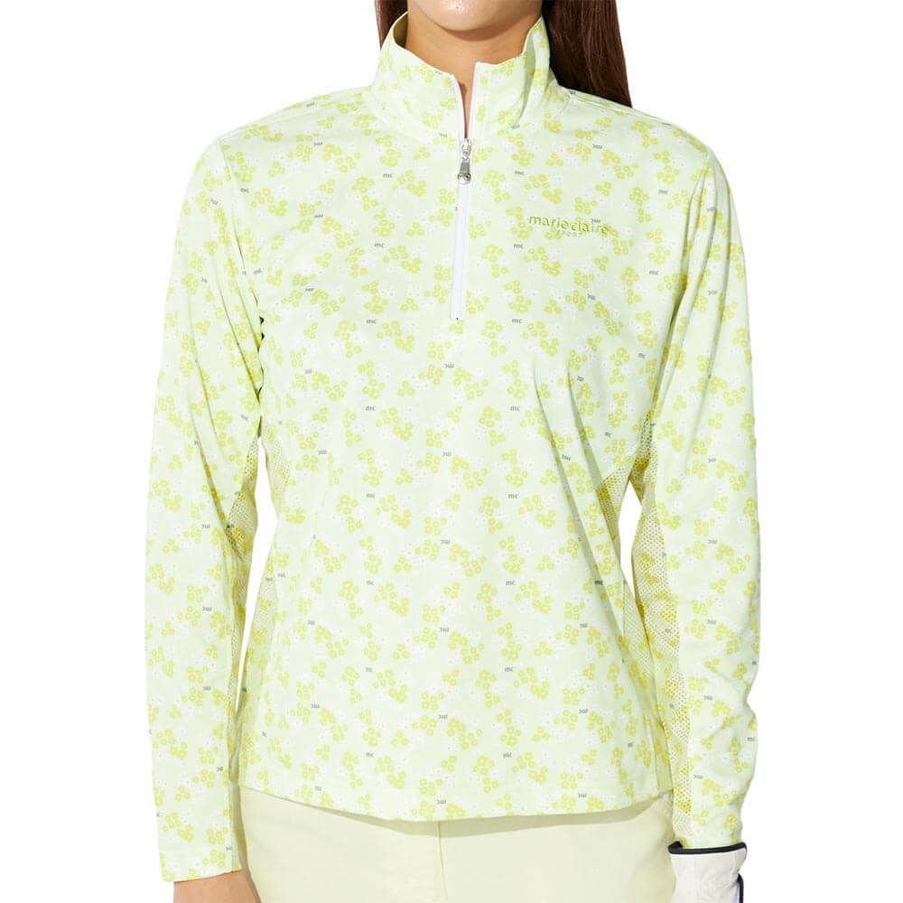 マリクレール marie claire　レディース 小花柄 メッシュ切替 長袖 ハーフジップシャツ 715-555 イエロー　2025年モデル イエロー