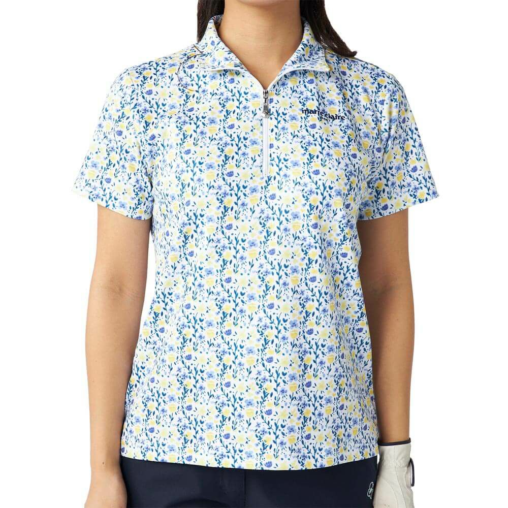 マリクレール marie claire　レディース 花柄 総柄 半袖 ハーフジップシャツ 715-651 イエロー　2025年モデル イエロー
