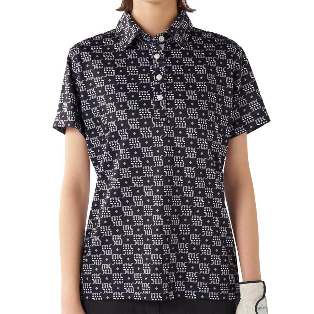 マリクレール marie claire　レディース モノグラム柄 配色切替 半袖 ポロシャツ 715-652 ブラック　2025年モデル ブラック