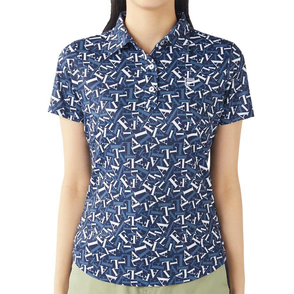 フィラ FILA　レディース 接触冷感 タイポグラフィ柄 半袖 ポロシャツ 755-607 ネイビー　2025年モデル