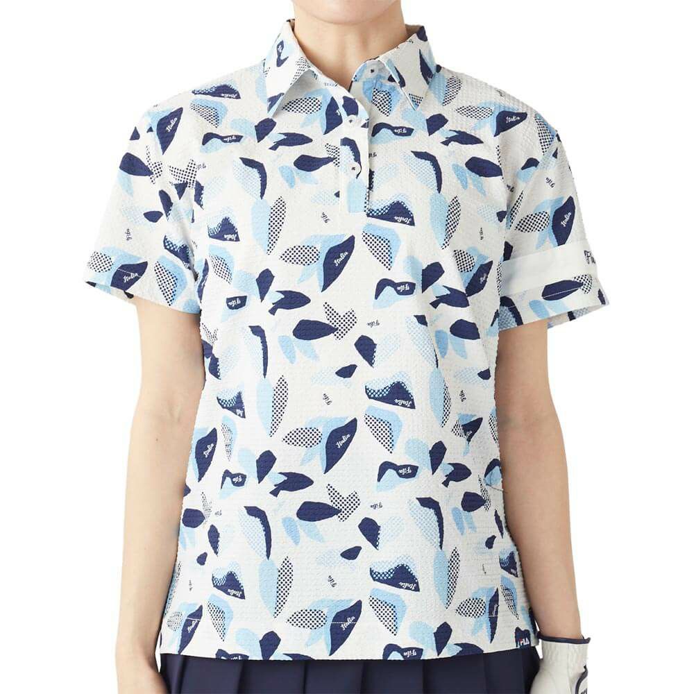 フィラ FILA　レディース シアサッカー リゾート柄 半袖 ポロシャツ 755-612 ネイビー　2025年モデル