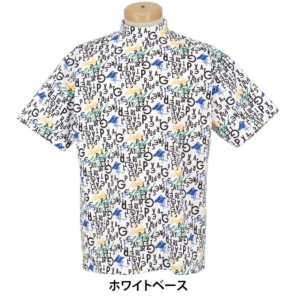 パーリーゲイツ PEARLY GATES　メンズ BALLくんロゴ 総柄プリント半袖 モックネックシャツ 053-5267705　2025年モデル ホワイトベース