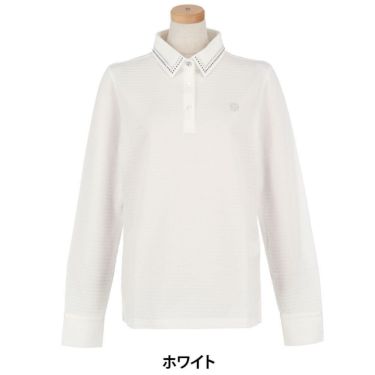 セントアンドリュース StANDREWS レディースシャツ サッカー生地 ラインストーン ストレッチ 長袖ポロシャツ 043-2261102 ホワイト