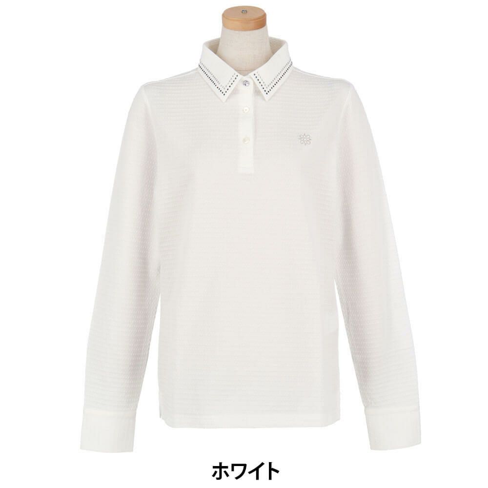 セントアンドリュース StANDREWS レディースシャツ サッカー生地 ラインストーン ストレッチ 長袖ポロシャツ 043-2261102 ホワイト