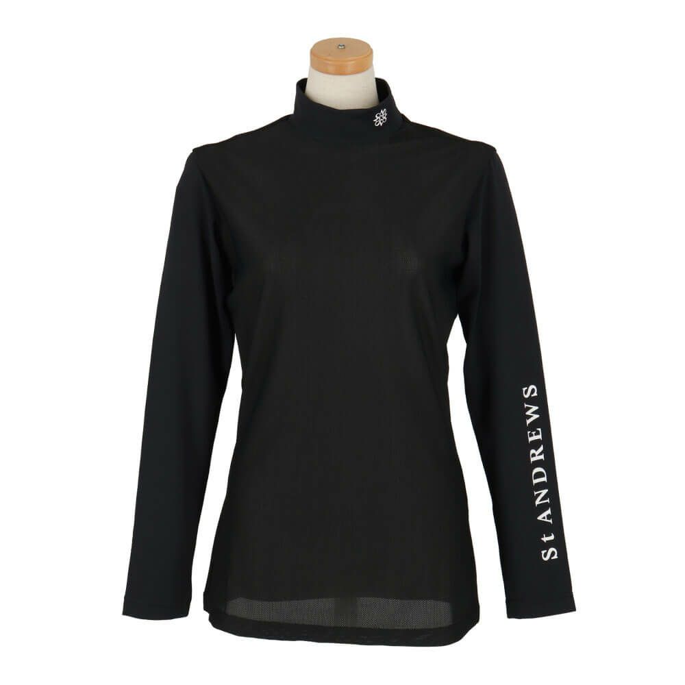 セントアンドリュース StANDREWS レディースシャツ ロゴプリント メッシュ 長袖 ハイネックシャツ 043-2966352 ブラック