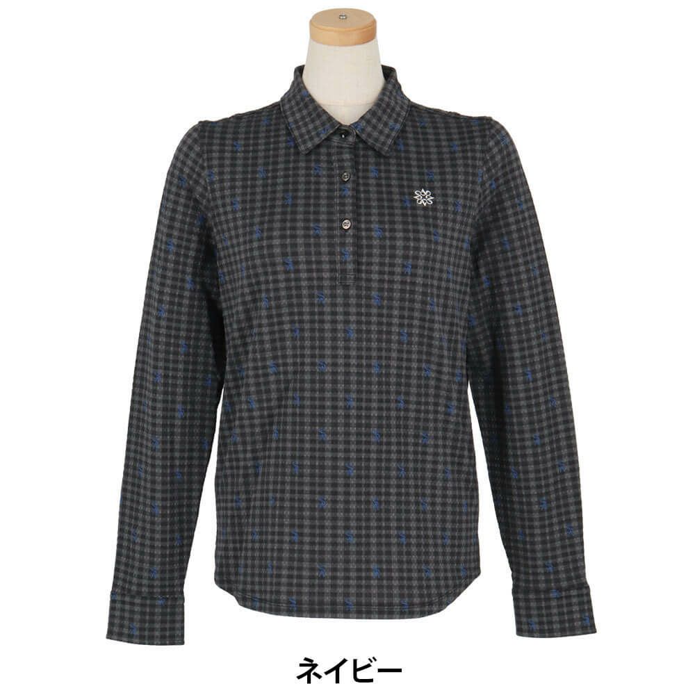セントアンドリュース StANDREWS レディースシャツ チェック柄 ジャガード 長袖ポロシャツ 043-9261910 ネイビー