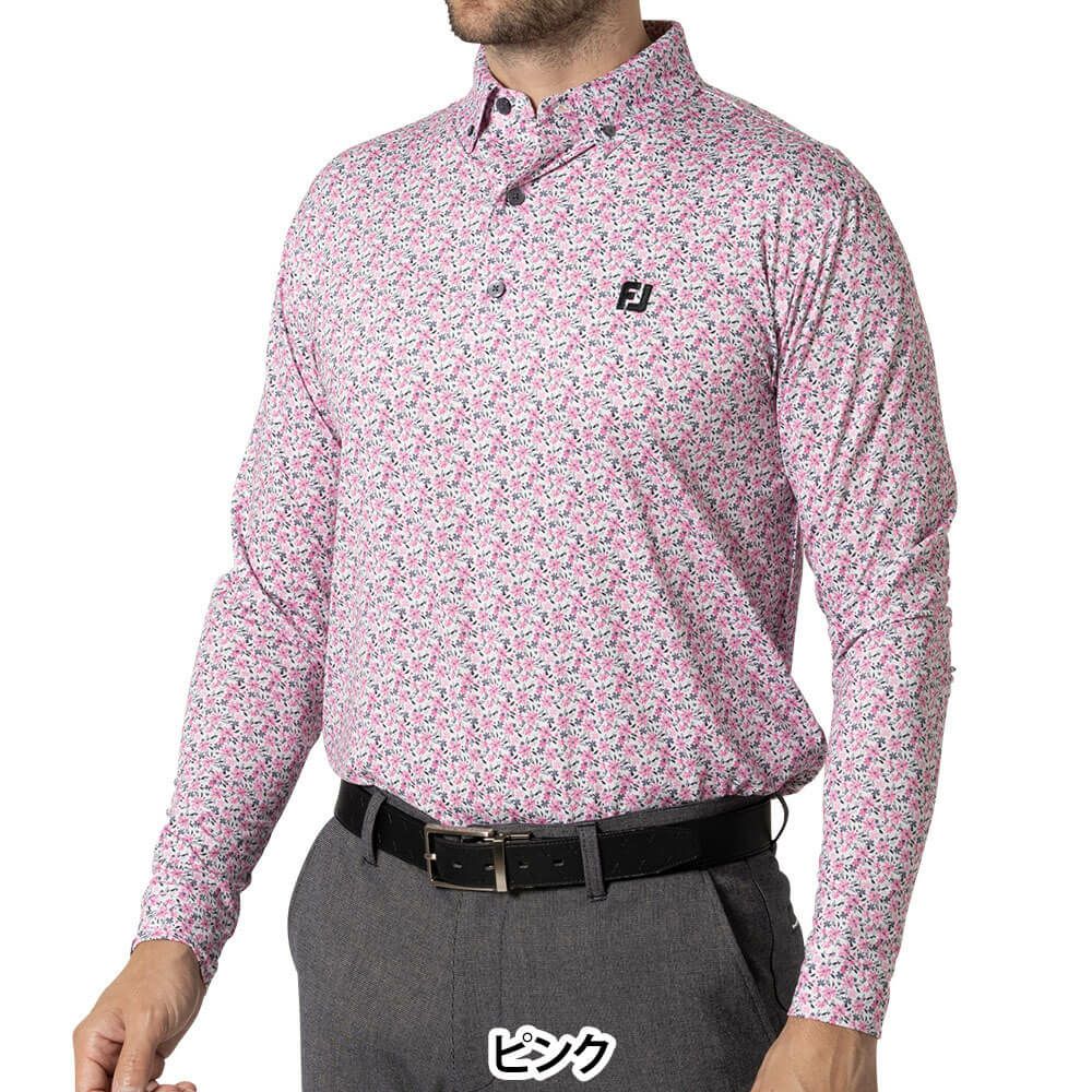 フットジョイ FootJoy　メンズ フラワープリント 長袖 ボタンダウン ポロシャツ FJ-F24-S10　2024年モデル ピンク
