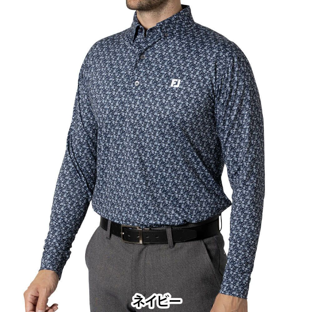 フットジョイ FootJoy　メンズ フラワープリント 長袖 ボタンダウン ポロシャツ FJ-F24-S10　2024年モデル ネイビー