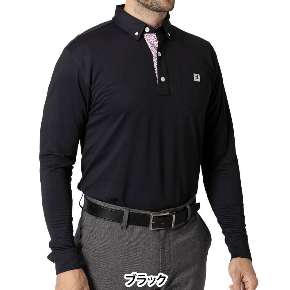 フットジョイ FootJoy　メンズ ソリッドポケット付 長袖 ボタンダウン ポロシャツ FJ-F24-S14　2024年モデル ブラック