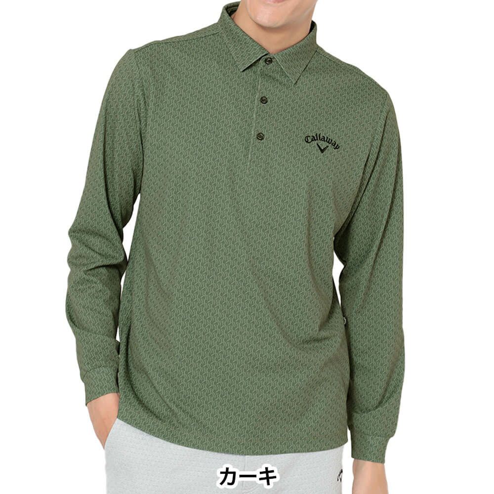 キャロウェイ Callaway　メンズ ロゴプリント 鬼鹿の子 長袖 ポロシャツ C25233107　2025年モデル カーキ