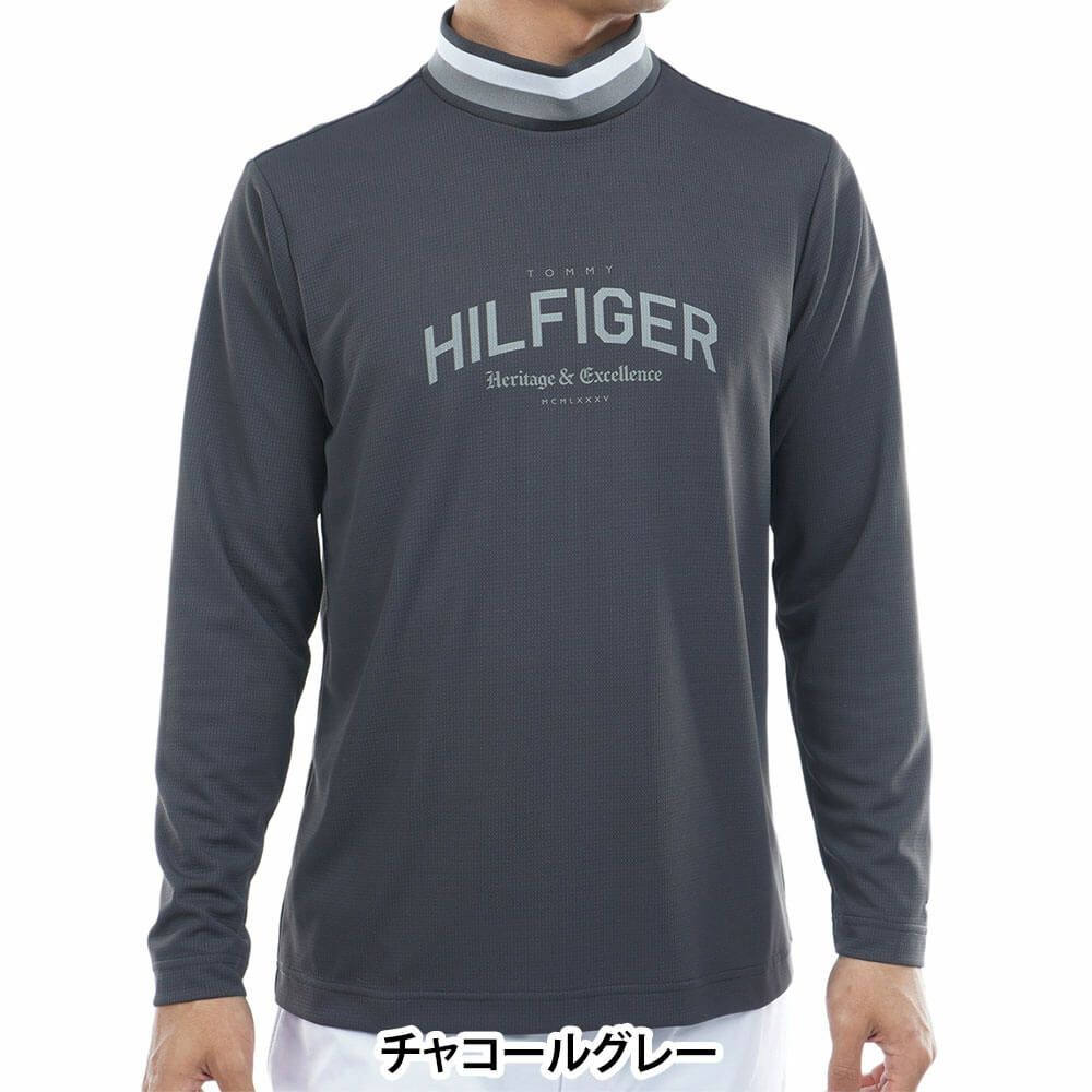 トミー ヒルフィガー ゴルフ　メンズ シグネチャーリブ 長袖 モックネック シャツ THMA562　2025年モデル チャコールグレー 詳細1