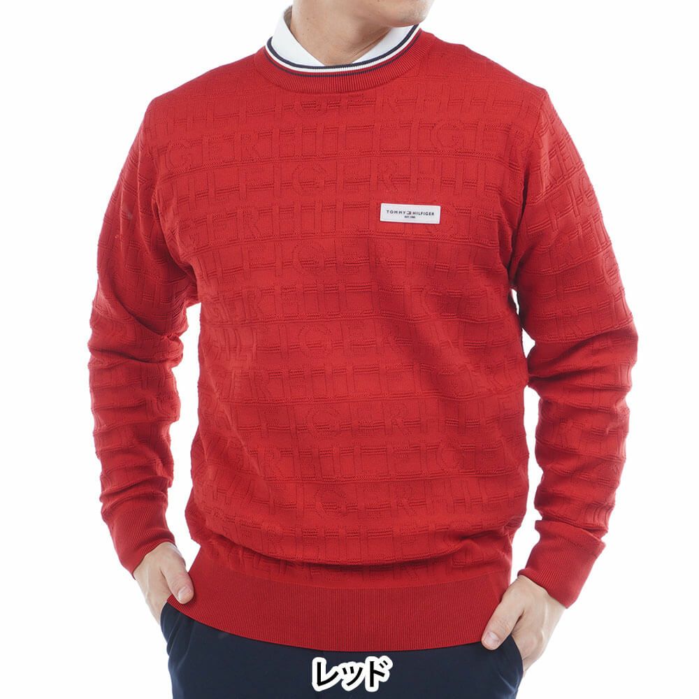 トミー ヒルフィガー ゴルフ　メンズ ロゴジャガード 長袖 クル-ネック セーター THMA564　2025年モデル レッド 詳細1