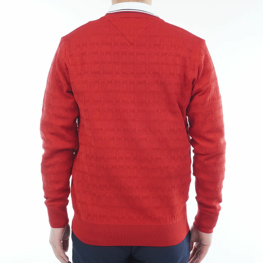 トミー ヒルフィガー ゴルフ　メンズ ロゴジャガード 長袖 クル-ネック セーター THMA564　2025年モデル レッド 詳細2