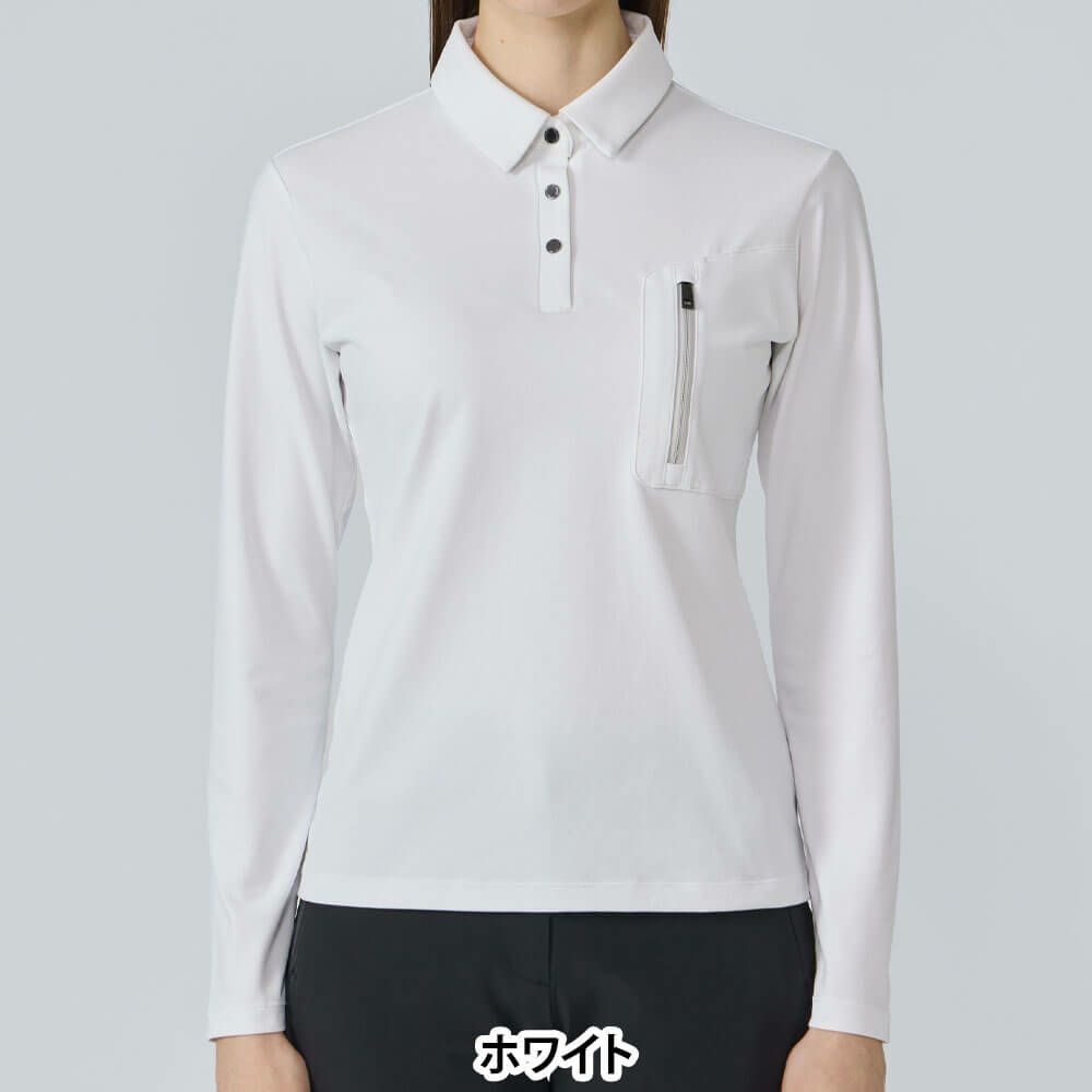 デサントゴルフ DESCENTE GOLF　レディース 胸ジップポケット付き 長袖 ポロシャツ DG5FLS50L　2025年モデル ホワイト　詳細1