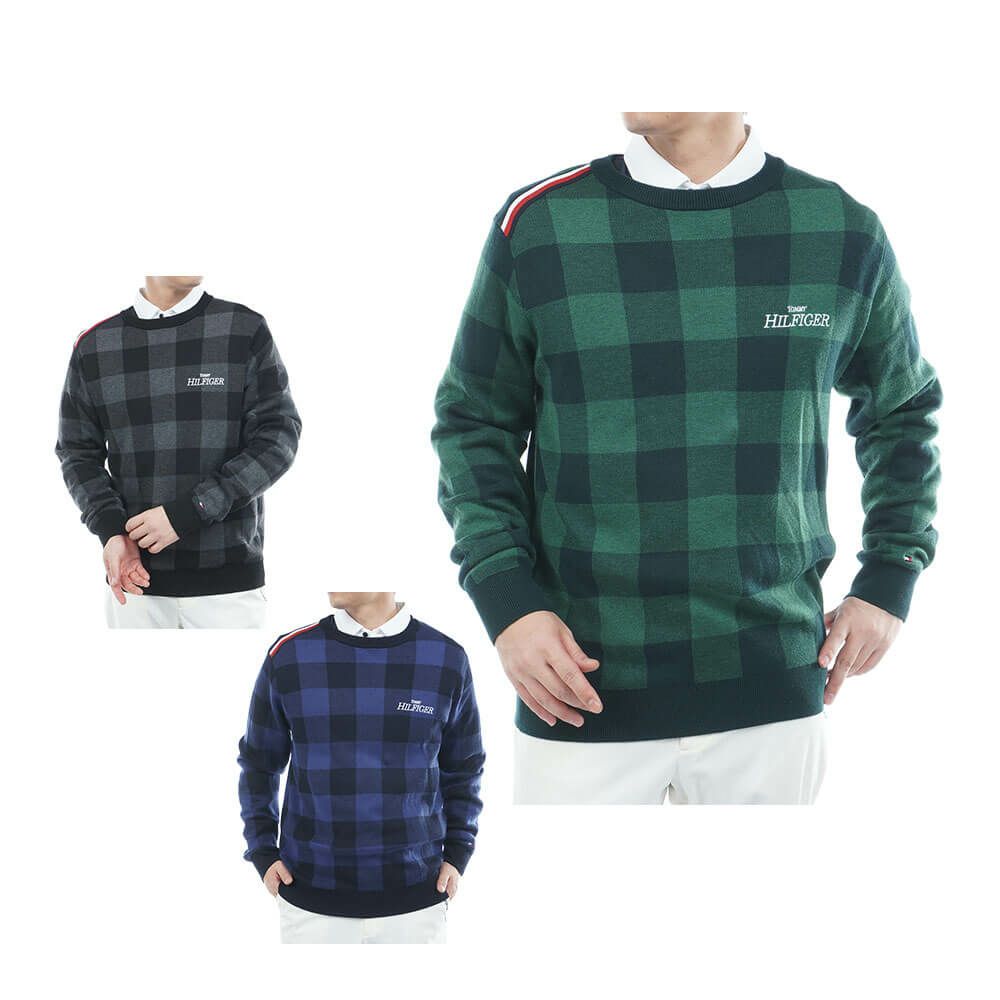 トミー ヒルフィガー ゴルフ　メンズ チェックジャガード 長袖 クルーネック セーター THMA571　2025年モデル 詳細1