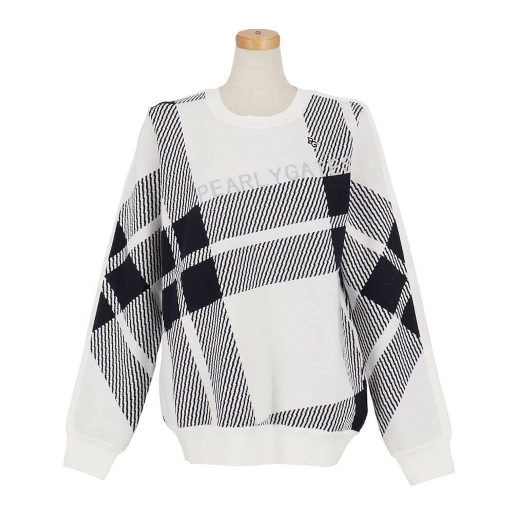 パーリーゲイツ PEARLY GATES　レディース 14G ジャガードチェック柄 長袖 クルーネック ニット プルオーバー 055-5270014　2025年モデル ホワイトベース