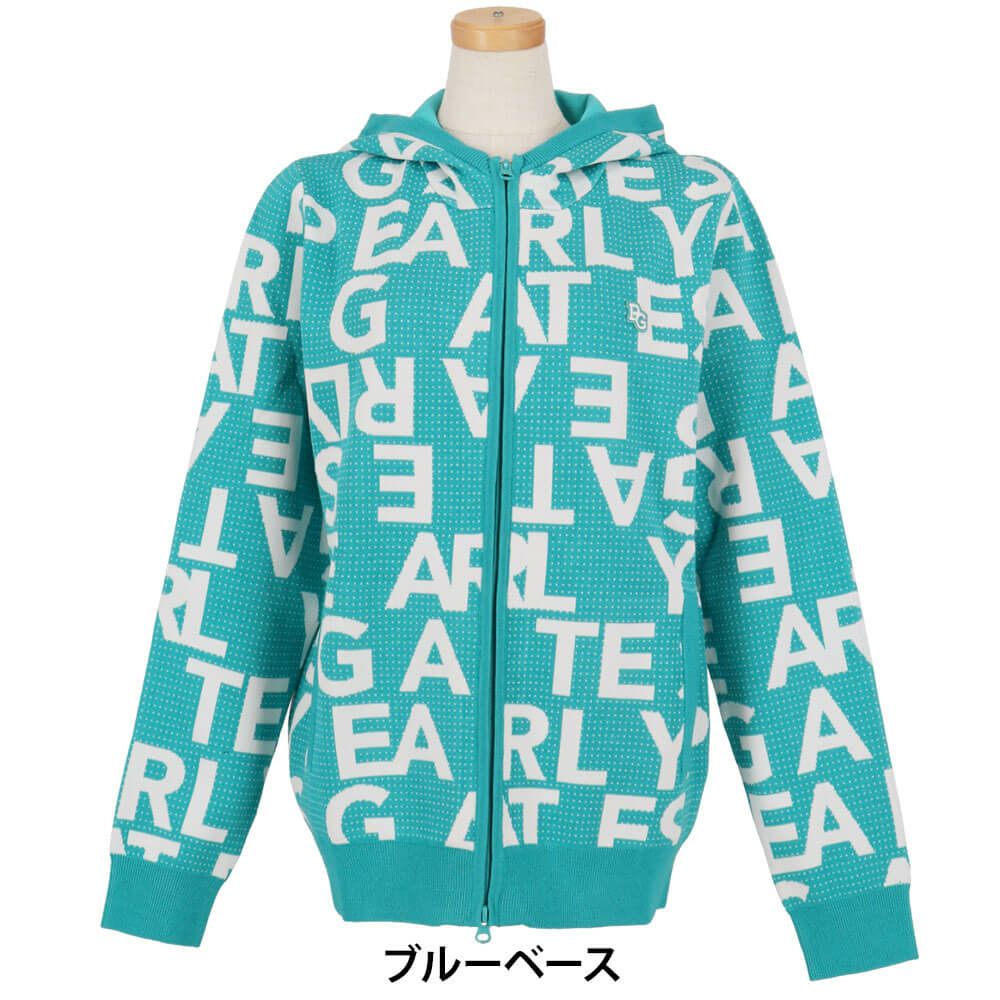 パーリーゲイツ PEARLY GATES　レディース 12G ダブルジャガード ロゴ総柄 長袖 フルジップ ニット フーディ 055-5272020　2025年モデル 詳細1 詳細2