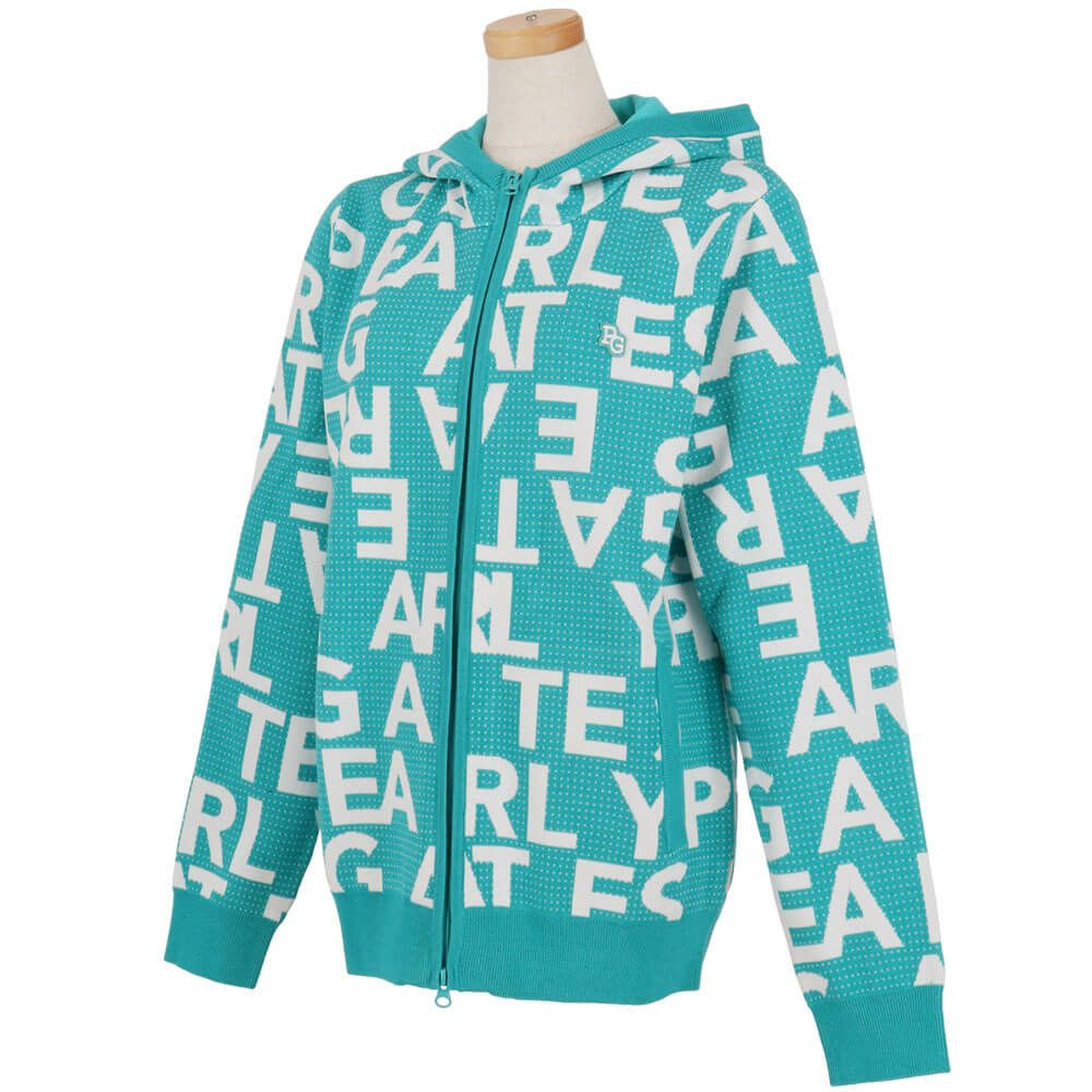 パーリーゲイツ PEARLY GATES　レディース 12G ダブルジャガード ロゴ総柄 長袖 フルジップ ニット フーディ 055-5272020　2025年モデル 詳細1 詳細4